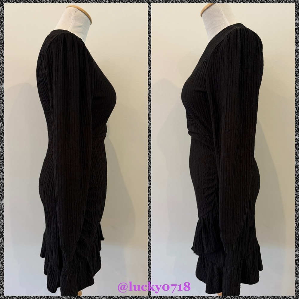 PrettyGarden NWT Black Ruched Bodycon Long Puff Sleeve Mini Dress in Black Sz S - Picture 6 of 10
